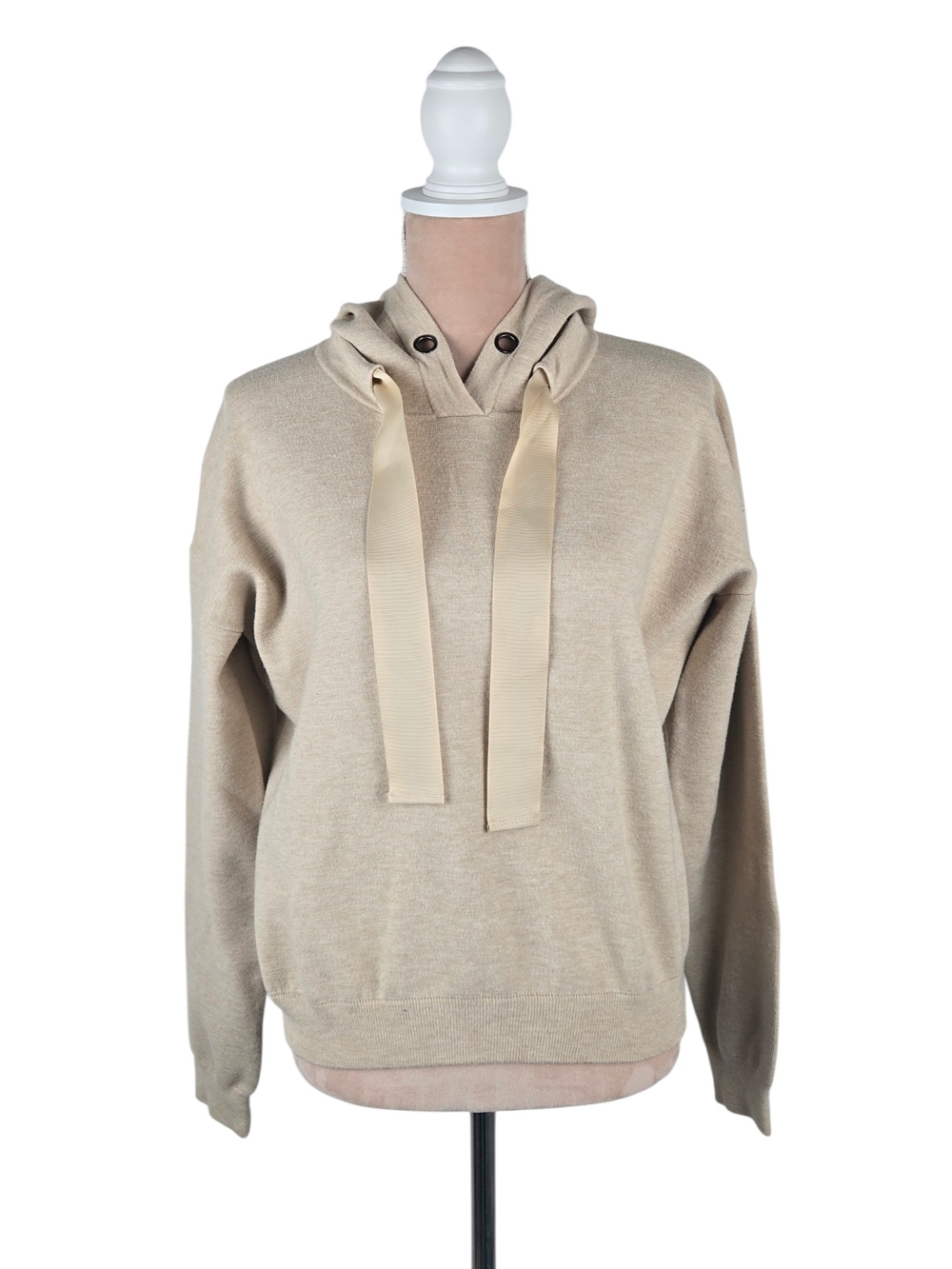 One Grey Day Ribbon Tie Hoodie Sweater Oatmeal Size Medium